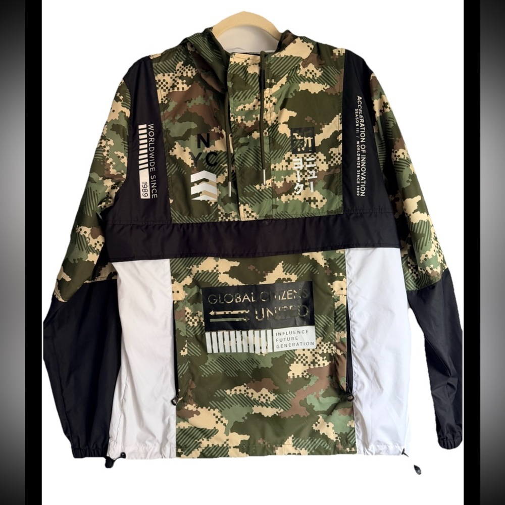 TRACK 23 Mens Camo Hooded Shell 1/4 Zip Graphic Pullover Streetwear Jacket Sz M